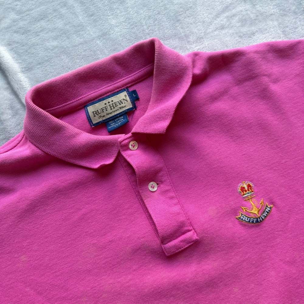 Ruff Hewn Polo Shirt Mens L Pink Short Sleeve Embroidered Crest Anchor Pique